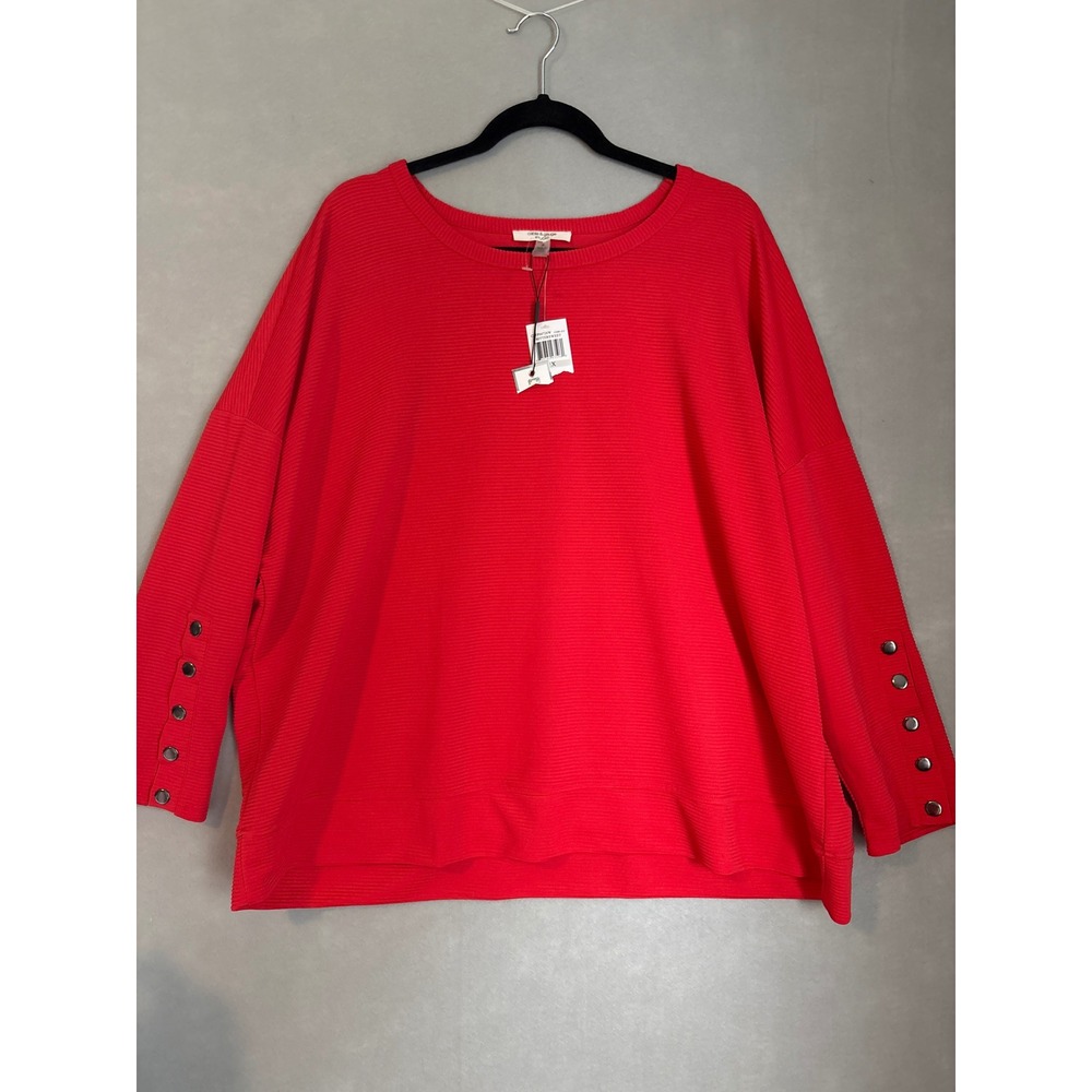 Cable & Gauge Studio Red Ribbed Button Cuff Top 1X Bittersweet CZTP04726W NEW